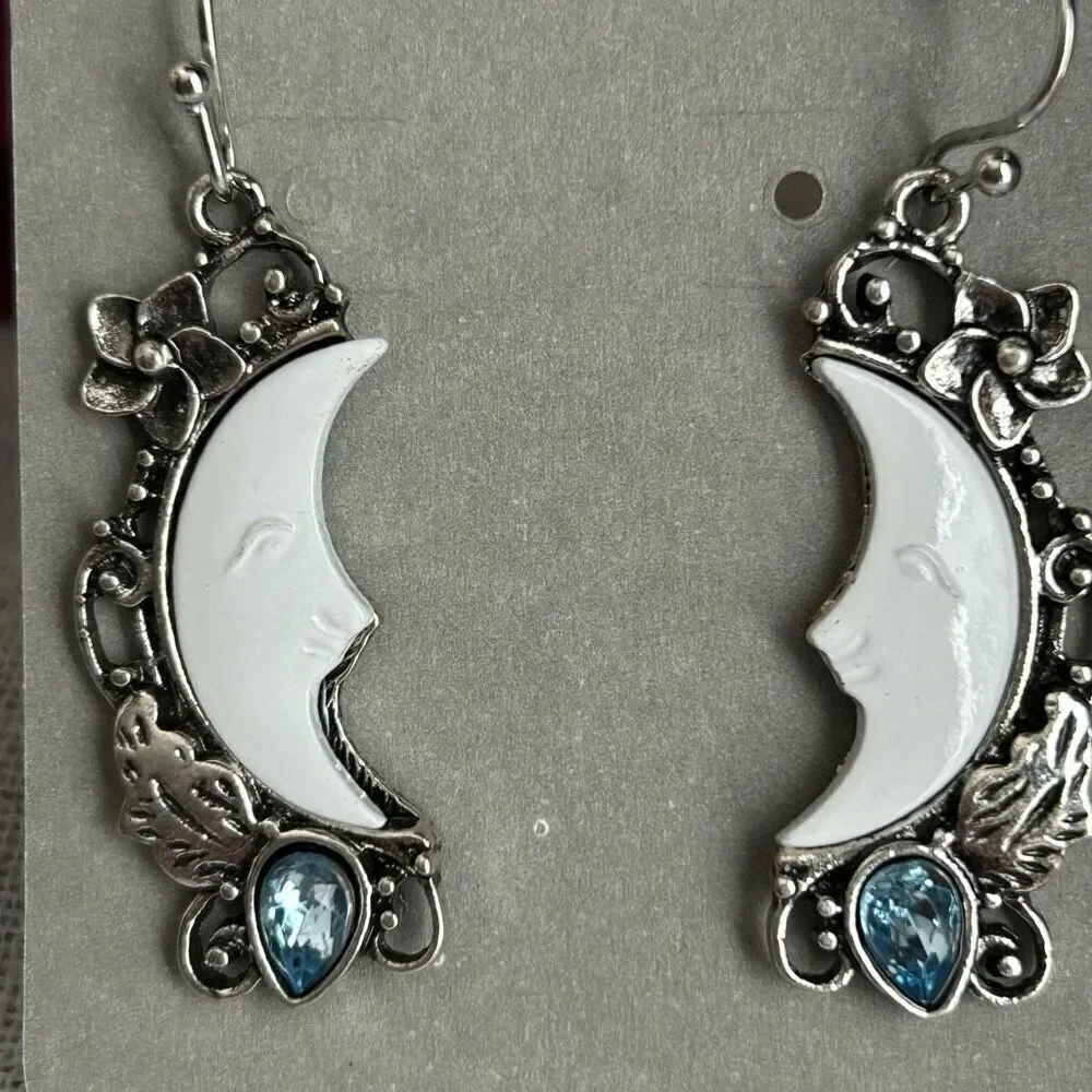Silver Moon Face Filigree Floral Blue Stone Dangle Earrings